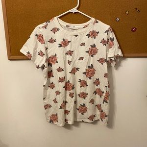 White T-Shirt with Green and Pink Roses